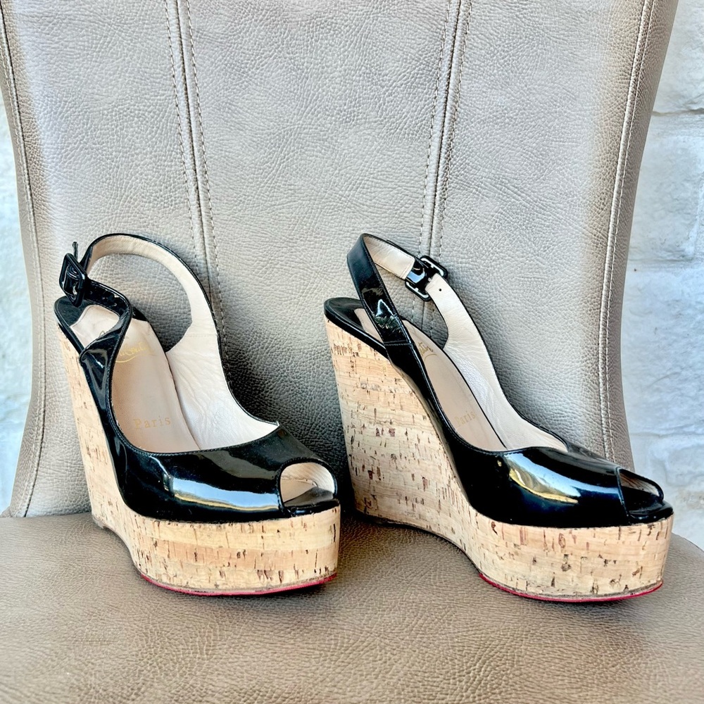 Christian Louboutin Une Plume 140 Slingback Black Patent Cork Wedges Euro 38 1/2